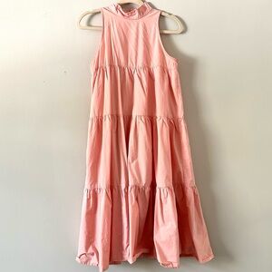 Pink Tiered Midi Dress Sleeveless Ruffle Neck Flowy Summer Dress